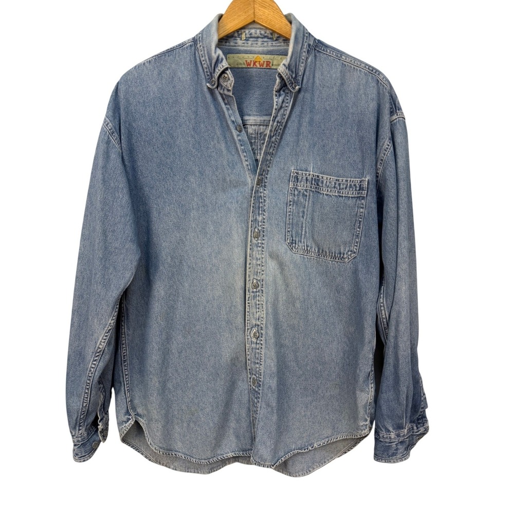 Vintage Anchor Blue Global WKWR Denim Button Down Shirt Light Wash Mens L